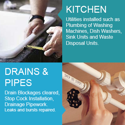 Kitchen Utilities installed such as Plumbing of Washing Machines Plumbing of Dish Washers Sink Units fitted Waste Disposal Units. Drains and Pipes Drain Blockages cleared Stop Cock Installation Drainage Pipework. Leaks and bursts repaired.